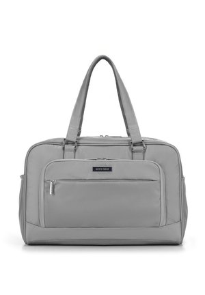 Sac en textile gris avec deux poignées, surface lisse, poche zippée à l'avant et forme rectangulaire. Présente un logo discret à l'avant.