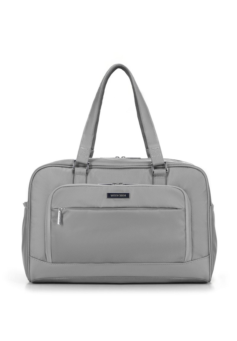 Sac en textile gris avec deux poignées, surface lisse, poche zippée à l'avant et forme rectangulaire. Présente un logo discret à l'avant.