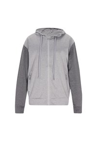 Felpa grigia con zip frontale, maniche di un grigio scuro a contrasto, cordini regolabili e due tasche laterali con zip. Tessuto morbido e strutturato.