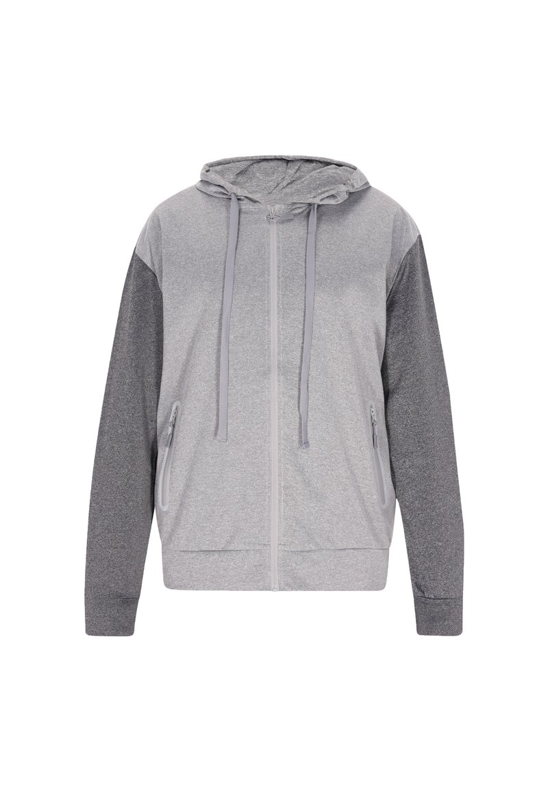 Felpa grigia con zip frontale, maniche di un grigio scuro a contrasto, cordini regolabili e due tasche laterali con zip. Tessuto morbido e strutturato.