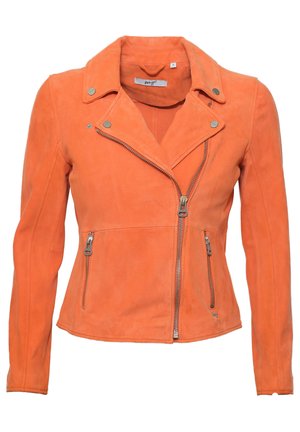 Orangene Wildleder-Bikerjacke mit Reverskragen, asymmetrischem Frontreißverschluss und Reißverschlusstaschen. Enganliegendes Design mit langen Ärmeln.