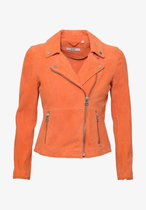 Orange ruskind bikerjakke med en skrå krave, asymmetrisk frontlynlås og lynlåslommer. Tætsiddende design med lange ærmer.