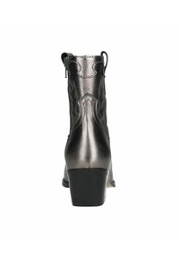 Metallic black ankle boots with western-style stitching, round toe, and a moderate block heel. Features a side zipper for easy wear.