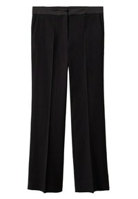 Pantalon noir à jambes larges, tissu lisse, ceinture plate et poches avant. Sans motifs ni éléments métalliques visibles.