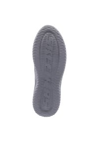 Suela de zapato de goma gris con un patrón texturizado y ondulado y letras en relieve, forma ovalada y bordes redondeados para mayor tracción.