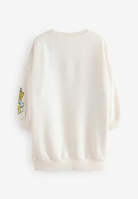 Ljusbeige sweatshirt med rund halsringning, puffiga ärmar och ribbade muddar. Har en färgglad grafik på vänster ärm. Mjuk textur.