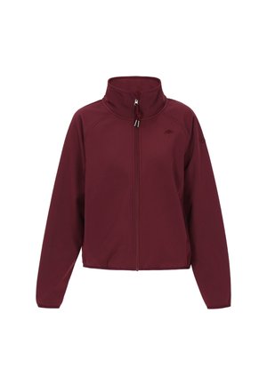 Burgunderfarbene Zip-Jacke mit hohem Kragen, glatter Textur und seitlichen Taschen. Verfügt über ein Logo auf der Brust und taillierte Ärmel.