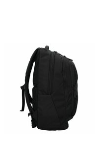 Zaino nero con superficie texture, multiple tasche con zip e spallacci imbottiti, progettato per comfort e praticità.