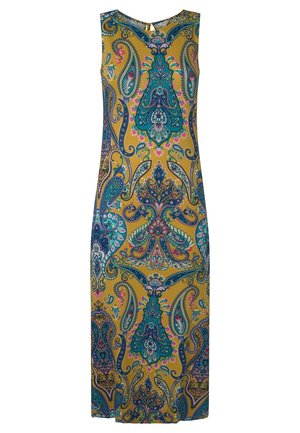 Sukienka maxi bez rękawów w kolorze musztardowej żółci z misternym wzorem paisley w turkusie, różu i granacie. Gładka tkanina, okrągły dekolt i długość do kostek.