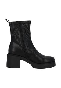 Czarne skórzane botki za kostkę na masywnym obcasie, z bocznym zamkiem i gładką powierzchnią, z dopasowanym wykończeniem i detalami w postaci przeszyć.