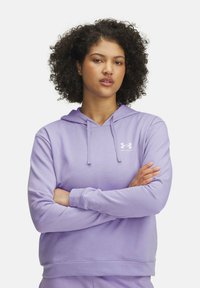 Light purple hoodie with a drawstring hood and front kangaroo pocket. Features white logo on the chest and ribbed cuffs and hem. Soft material.