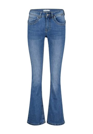 Blauwe spijkerbroek van denim met een uitlopende pijp, voorzakken, knoopsluiting en lichte vervaging op de dijen en knieën.