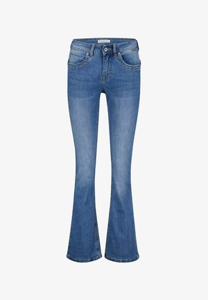 Jean en denim bleu avec coupe évasée aux jambes, poches avant, fermeture par boutons, et légère décoloration sur les cuisses et les genoux.