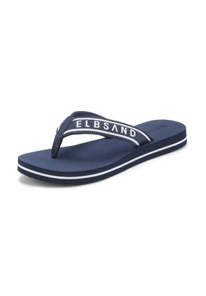 Navy blue flip-flop with white striped sole and fabric strap featuring "ELBSAND" branding in white letters.