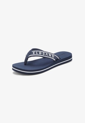Navyblaue Flip-Flop mit weiß gestreifter Sohle und Stoffriemen mit der Aufschrift "ELBSAND" in weißen Buchstaben.