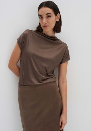 Brown short-sleeve top with a draped neckline, paired with a matching brown skirt. Smooth fabric with a soft texture and minimal design details.