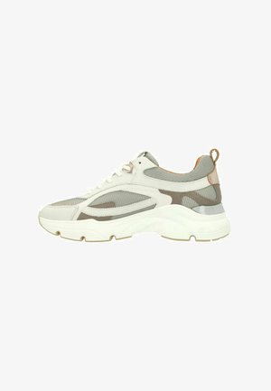 Chunky sneakers with a white and gray mesh upper, textured accents, and a thick white rubber sole. Features a rear pull tab for easy wear.