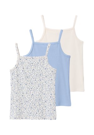 Three ribbed camisoles with thin straps in white, light blue, and white with blue floral print, layered against a white background.