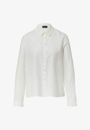 Biała koszula z długim rękawem, z wyraźnym kołnierzykiem, z przodem zapinanym na guziki i gładką fakturą. Posiada subtelne detale guzikowe wzdłuż plisowania.