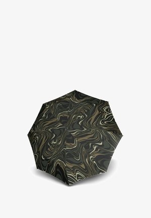 Compact paraplu met een gemarmerd camouflagedesign in donkere groenen, bruin- en crèmekleuren. Beschikt over een koepelvorm en een gladde stoftextuur.