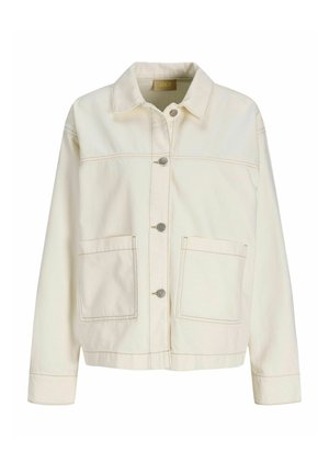 Veste boutonnée écrue avec manches longues, col, deux poches plaquées à l'avant et surpiqûres visibles.