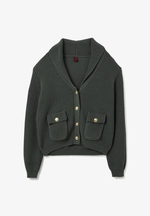 Dark green ribbed cardigan with a shawl collar, gold buttons, and two front patch pockets. Textured fabric adds depth to the design.