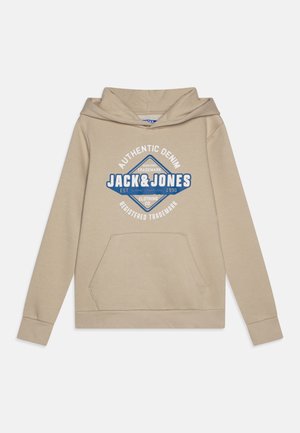 Haut à capuche beige avec une poche avant, un capuchon à cordon de serrage, et une impression graphique bleue avec le texte "JACK & JONES" et "AUTHENTIC DENIM".