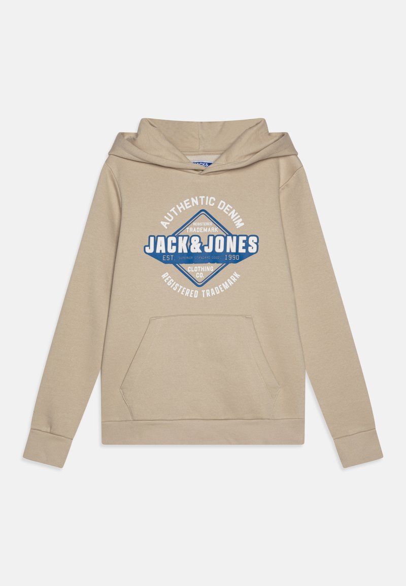 Felpa beige con tasca frontale, cappuccio con cordoncino e stampa grafica blu che presenta il testo "JACK & JONES" e "AUTHENTIC DENIM".