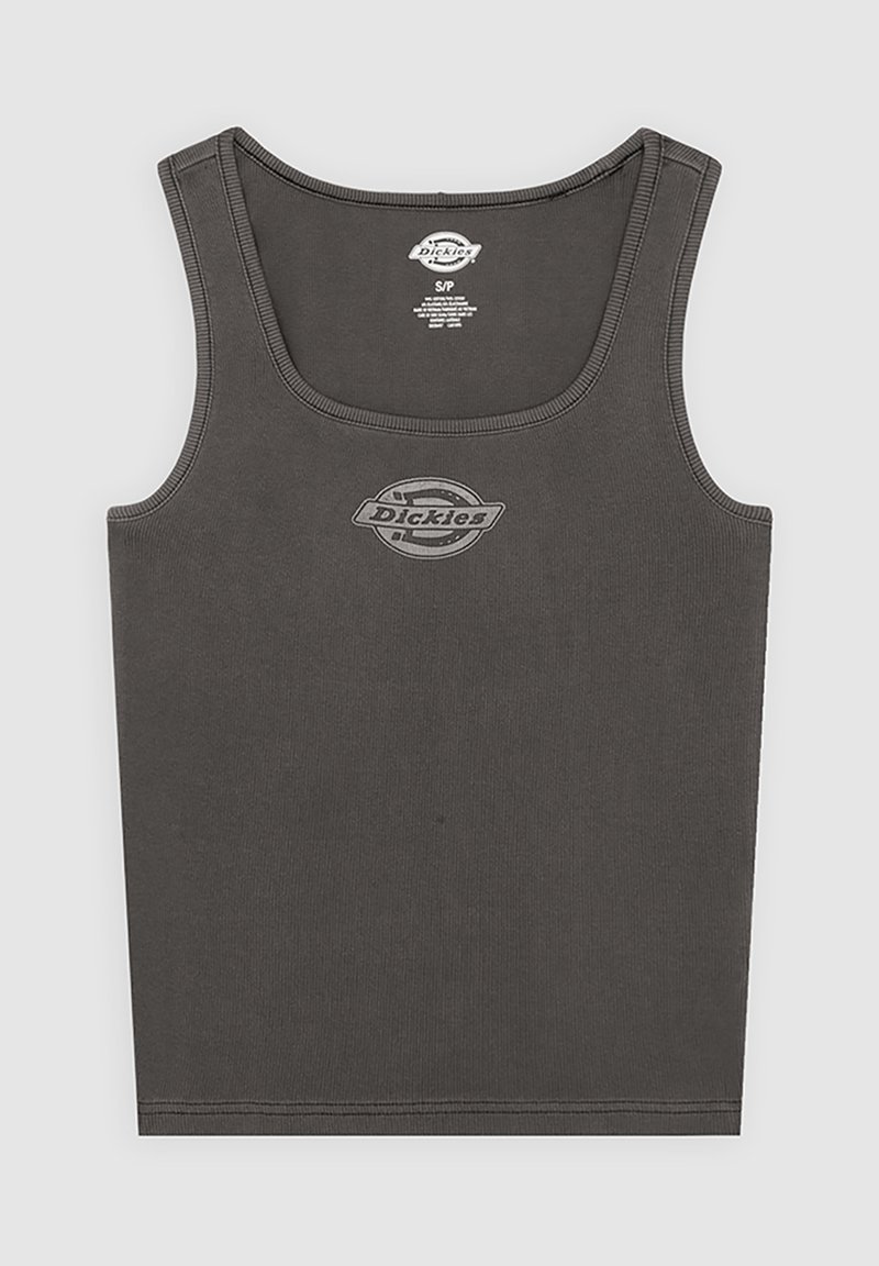 Dunkelgraues, geripptes Baumwoll-Top mit rundem Ausschnitt und Armausschnitten. Verfügt über ein kleines, gesticktes Logo an der Brust.