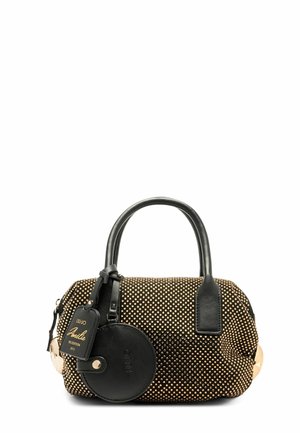 Sac à main noir avec clous dorés, deux poignées, pochette ronde attachée et une étiquette noire libellée "Liu Jo Amelie Re-Edition 2013."