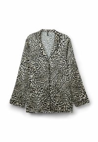 Kožená košile s leopardím potiskem z lehkého materiálu. Má límec, dlouhé rukávy, zapínání na knoflík a volný střih.