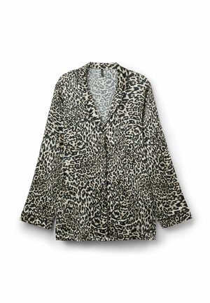 Kožená košile s leopardím potiskem z lehkého materiálu. Má límec, dlouhé rukávy, zapínání na knoflík a volný střih.