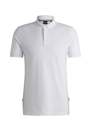 White polo shirt made of cotton blend, featuring a classic collar, three-button placket, and subtle brand logo on the chest. Short sleeves.