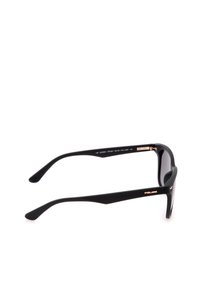 Lunettes de soleil noires avec branches subtilement texturées et verres foncés, montrant une vue latérale de la monture et des branches avec de petits détails en or rose.