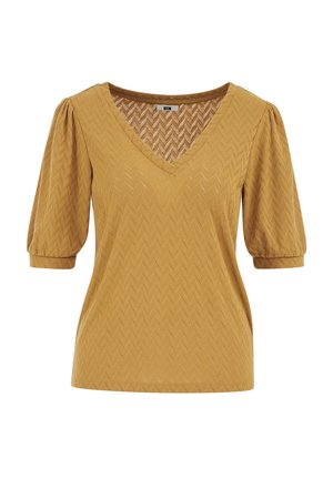 Senfgelbe Kurzarmbluse mit Puffärmeln, Chevron-Strukturstoff, V-Ausschnitt und gerippten Bündchen.