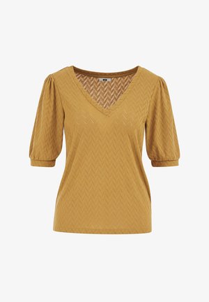 Rumeno gorčično kratek rokav s puffsastimi rokavi, tkanina s Chevron vzorcem, V-izrez in rebrasti rokavski robovi.