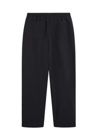 Zwarte katoenen broek met een elastische tailleband, twee achterzakken en een rechte pijpontwerp. Gladde textuur zonder zichtbare patronen.