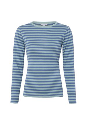 Long-sleeve fitted shirt with horizontal light blue and dark blue stripes, round neckline, and no visible buttons or patterns.