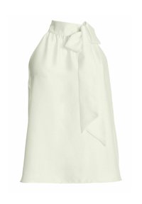 Blouse ivoire sans manches avec un col haut et un grand nœud sur l'épaule droite, coupe fluide.