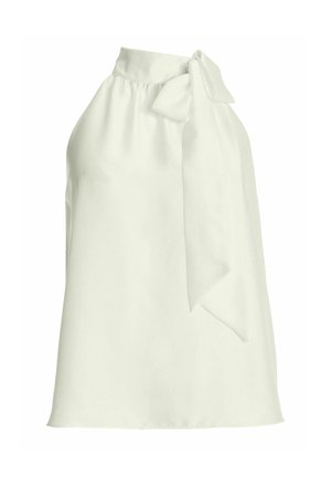 Blusa sin mangas color marfil con cuello alto y gran lazo en el hombro derecho, de corte fluido.