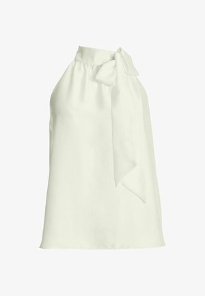 Ärmellose elfenbeinfarbene Bluse mit hohem Kragen und großer Schleifendetail an der rechten Schulter, locker fallende Passform.