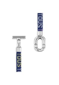 Cierres de metal en tono plateado sujetos a una correa tejida azul y amarilla que presenta el texto "LOUIS" en un patrón repetido.