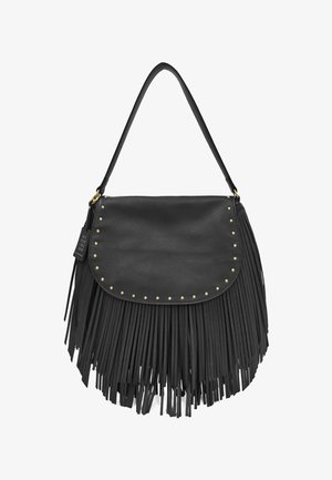 Borsa a tracolla in pelle nera con patta arrotondata, decorata con borchie dorate e lunghe frange nella parte inferiore. Include tracolla regolabile.