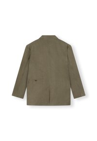 Blazer verde oliva in tessuto texture, con collo a punta, maniche lunghe, spacco posteriore e dettaglio con un solo bottone sul retro.