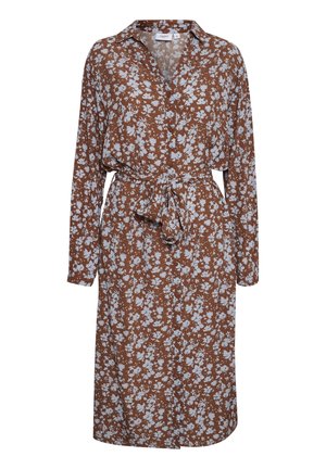 Brązowa midi sukienka z długim rękawem, w białe kwiatowe wzory, z guzikami z przodu, kołnierzykiem i związanym paskiem w talii.