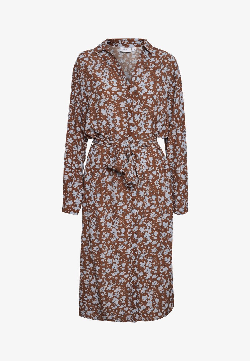 Robe midi à manches longues marron avec un motif floral blanc, boutonnière à l'avant, col à revers et ceinture nouée à la taille.