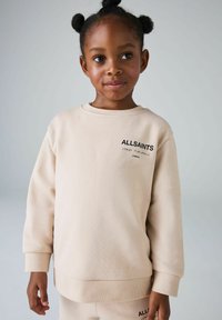 Beiger Sweatshirt mit gerippten Bündchen und Saum, mit schwarzem "ALLSAINTS" Textlogo auf der linken Seite. Weicher Stoff mit entspannter Passform.