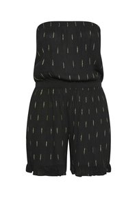 Svart strapless overall gjord av lättviktsmaterial. Har en texturerad design med guldaccenter och volangkant vid benen.