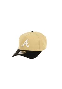 Tan baseball cap with a black visor, featuring a white embroidered letter "A" on the front. Structured crown and adjustable fit.