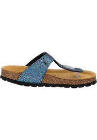 Flip-Flop Sandale mit einer Korkfußbett, schwarzem Gummisohle und einem glitzernden Riemen in Blau, Grün und Lila mit einem klaren Kunststoffakzent.